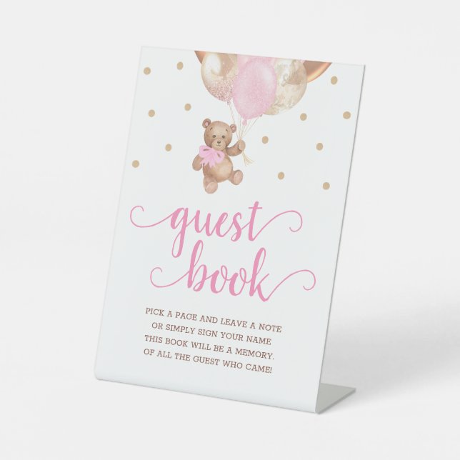 Rosa und goldfarbene Teddy Bären Gästebuch-Schild Sockelschild (Vorderseite)