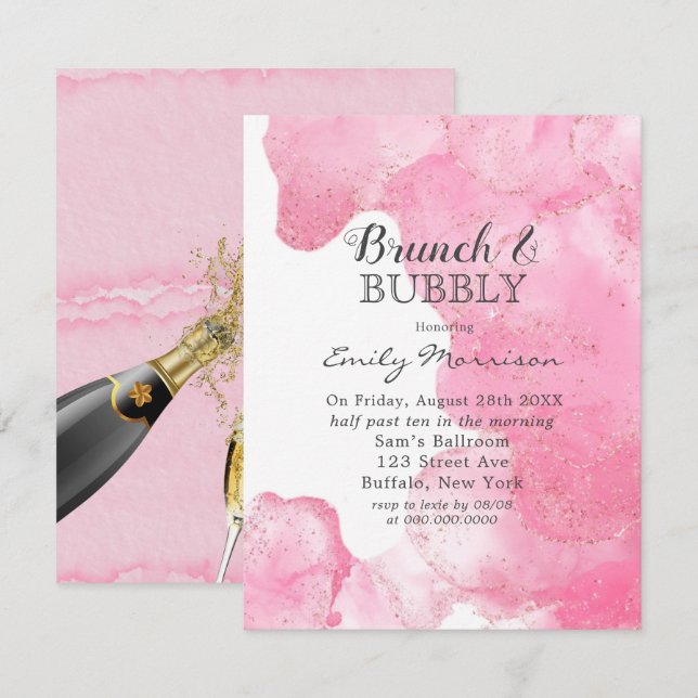 Rosa und goldfarbener Glitzer Brunch & Bubbly Invi Einladung (Vorne/Hinten)