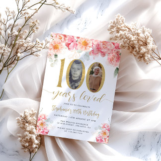Rosa und goldfarbenes Foto 100. Geburtstag Einladung