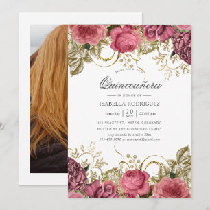 Rosa und goldfarbenes Vintages Foto der Quinceñera Einladung