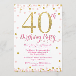 Rosa und GoldGlitzer-40. Geburtstags-Party Einladung