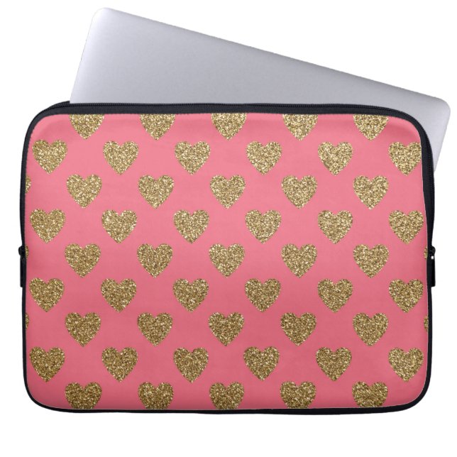 Rosa-und GoldGlitzer-Herzen Laptopschutzhülle (Vorderseite)