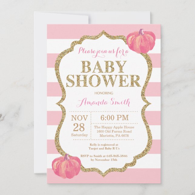 Rosa-und Goldkürbis-Babyparty-Einladung Einladung (Vorderseite)