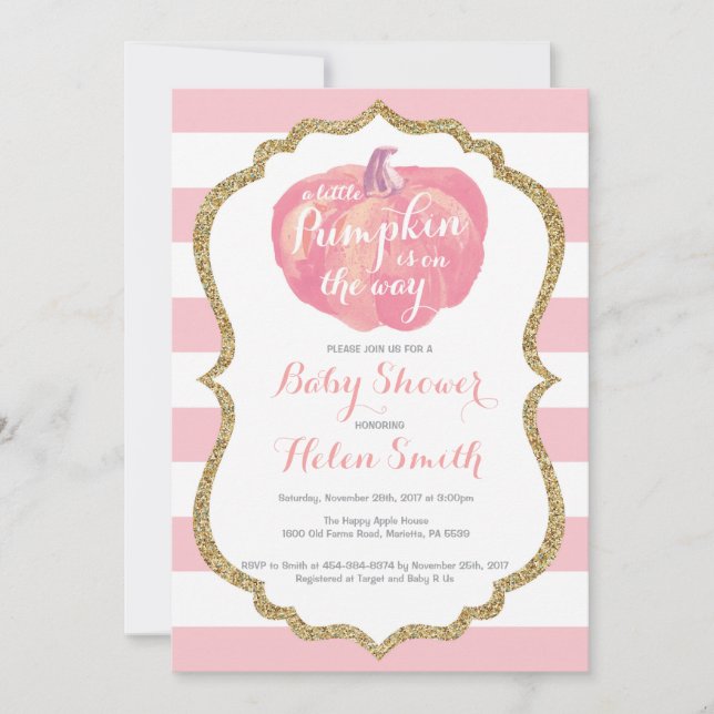 Rosa-und Goldkürbis-Mädchen-Babyparty-Einladung Einladung (Vorderseite)