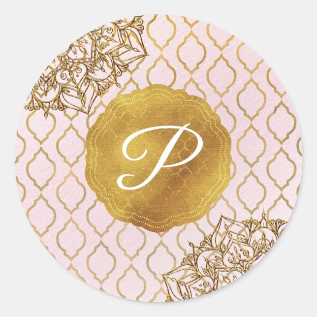 Rosa und goldmarokkanische Glam Monogram Gastgesch Runder Aufkleber (Vorderseite)