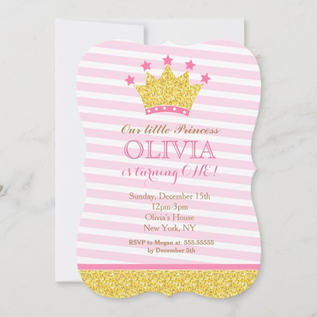 Rosa und Goldprinzessin Einladungen zur Geburtstag (Vorderseite)