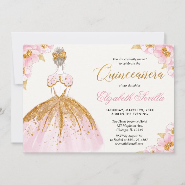 Rosa und Goldprinzessin Quinceanera Einladung (Vorderseite)