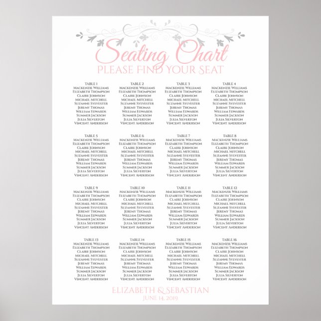 Rosa und Grau 16 Tabelle Hochzeitsdiagramm Poster (Vorne)