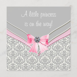 Rosa und Grau Damast Rosa Schleife Prinzessin Baby Einladung