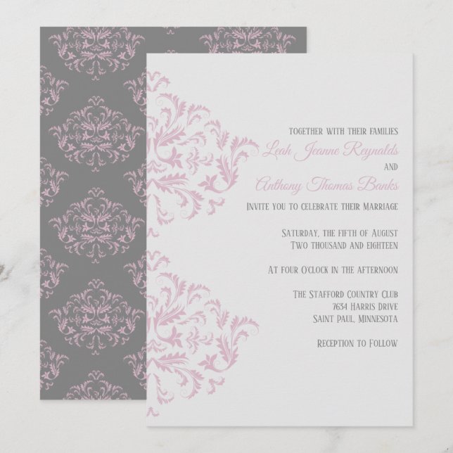 Rosa und grau Elegante Damaske Einladung (Vorne/Hinten)