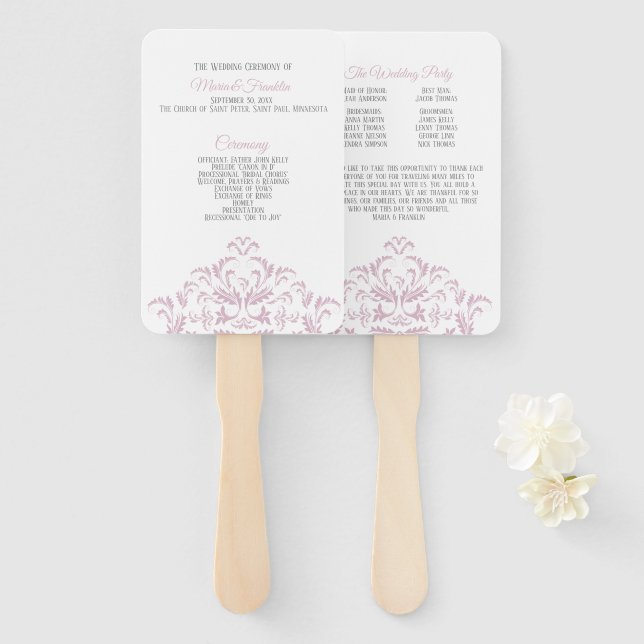 Rosa und grau-elegante Damaskus-Hochzeitslüfter Fächer (Vorne und Hinten)