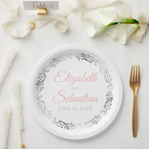 Rosa und Grau Elegante Hochzeitspapier-Teller Pappteller