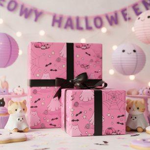 Rosa und Grau Halloween Niedliches Katzenghost Geschenkpapier