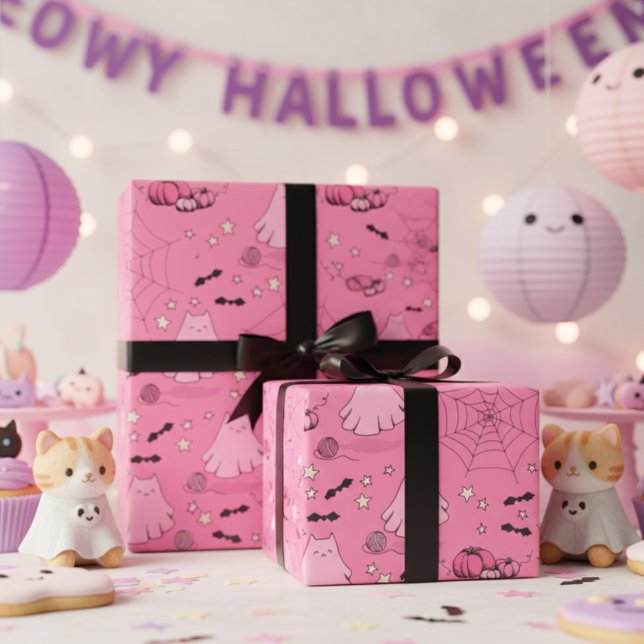Rosa und Grau Halloween Niedliches Katzenghost Geschenkpapier (Cute Pink Kitty Ghost Halloween Gift Wrap for Kids. Cat Ghost, Pumpkin, Yarn, Bats & Stars Pattern)