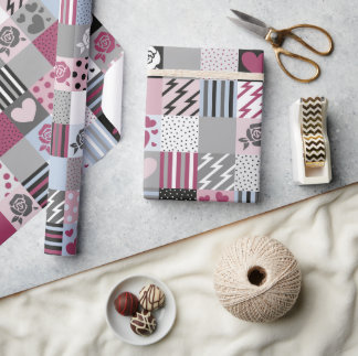 Rosa und Grau Patchwork-Herzen Geschenkpapier