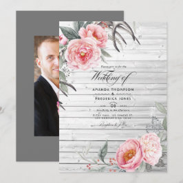Rosa und grau Rustikale Bohemische Blumenhochzeit Einladung