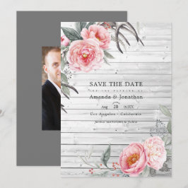 Rosa und grau Rustikale Bohemische Blumenhochzeit Save The Date