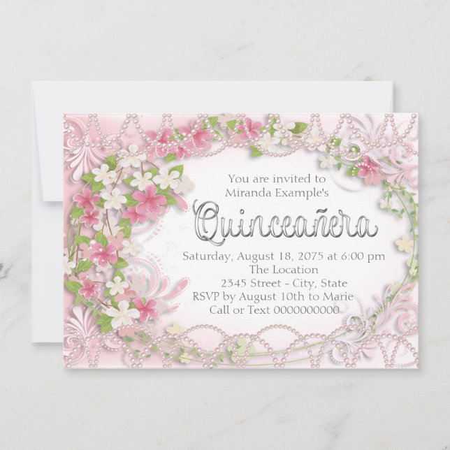 Rosa und Graublütenquinceñera Einladung (Vorderseite)