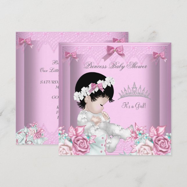 Rosa und graue Babydusche Blüte Einladung (Vorne/Hinten)