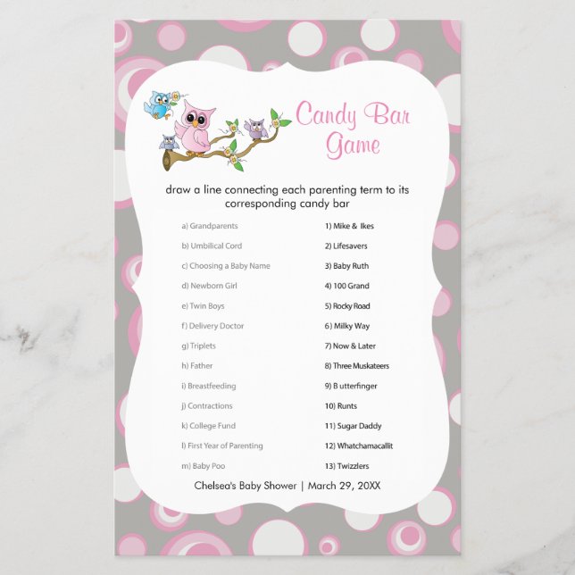 Rosa und graue Babydusche Owl Candy Bar Game Flyer (Vorne)