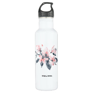 Rosa und graue Blume Klasse Wasserfarbe Edelstahlflasche