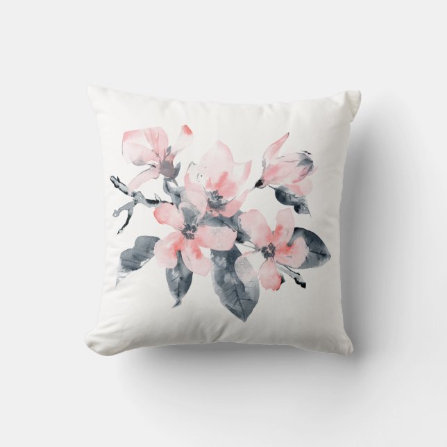 Rosa und graue Blume Klasse Wasserfarbe Kissen (Vorderseite)