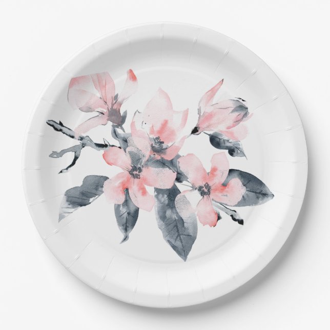 Rosa und graue Blume Klasse Wasserfarbe Pappteller (Vorderseite)