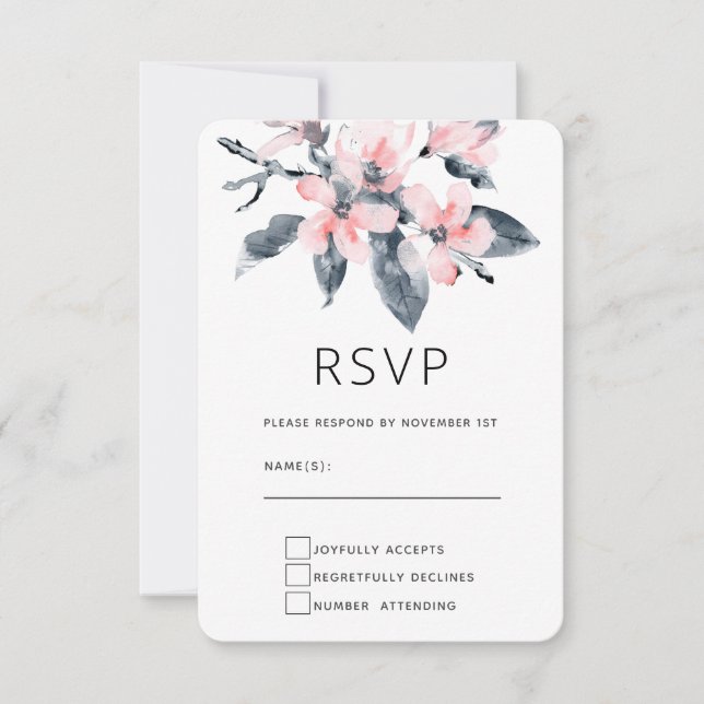 Rosa und graue Blume Klasse Wasserfarbe RSVP Karte (Vorderseite)