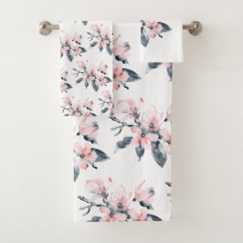 Rosa und graue Blume Klassisches Wasserfarbmuster Badhandtuch Set