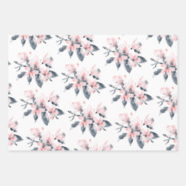 Rosa und graue Blume Klassisches Wasserfarbmuster Geschenkpapier Set