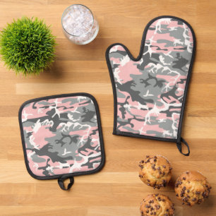 Rosa und graue Camouflage, Militär, Armee Ofenhandschuh & Topflappen-Set