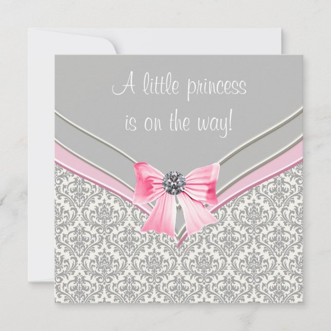 Rosa und graue Damaske Pink Bow Princess Baby Dusc Einladung (Vorderseite)