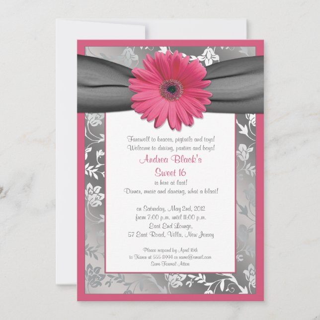 Rosa und graue Damaske Sweet 16 Birthday Einladung (Vorderseite)