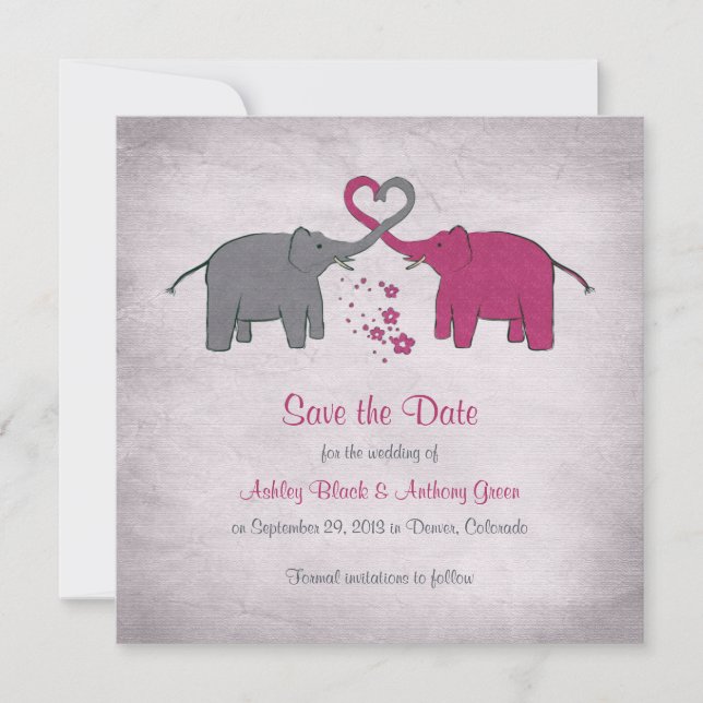 Rosa und graue Elefantenhochzeit speichern das Dat Save The Date (Vorderseite)