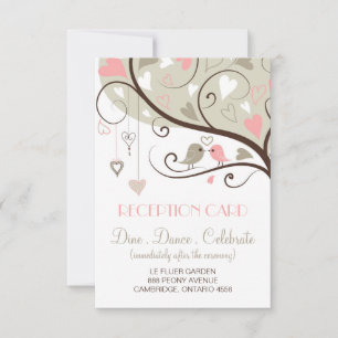 Rosa und Graue Liebesvögel Hochzeitsempfang Karte