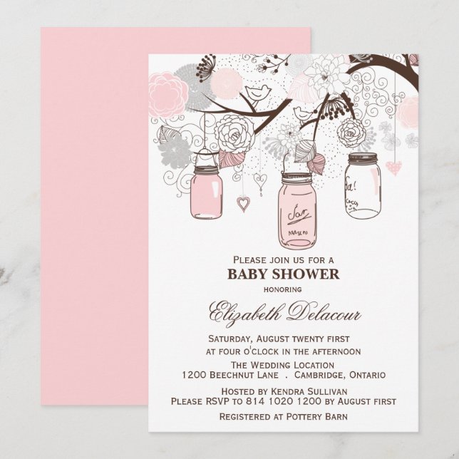 Rosa und graue Mason Jars Kinderdusche Einladungen (Vorne/Hinten)