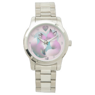Rosa und graue Niedliche Füchse Küssen Valentin Armbanduhr