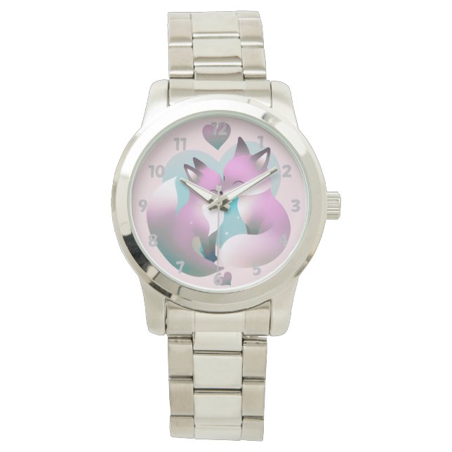 Rosa und graue Niedliche Füchse Küssen Valentin Armbanduhr (Vorderseite)