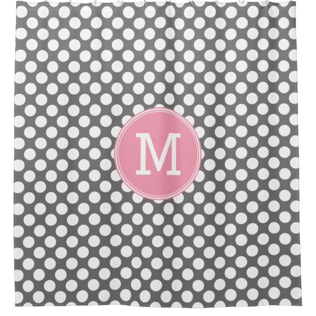 Rosa und graue Polka-Punkte mit Preppy-Monogramm Duschvorhang (Vorderseite)