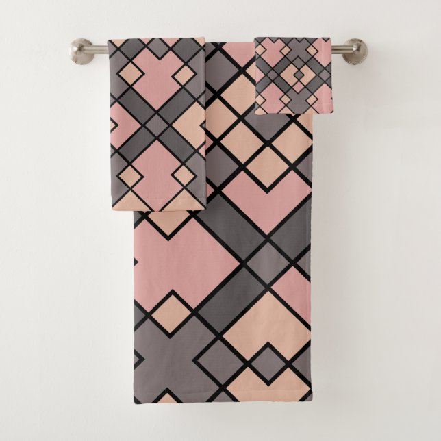rosa und graue Rechtecke Badhandtuch Set (Insitu)