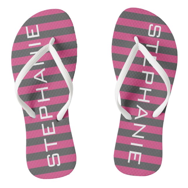 Rosa und graue Rugby Streifen mit Individuelle Nam Flip Flops (Fußbett)
