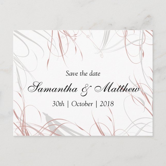 Rosa und graue Schnörkel Save the Date Ankündigungspostkarte (Vorderseite)