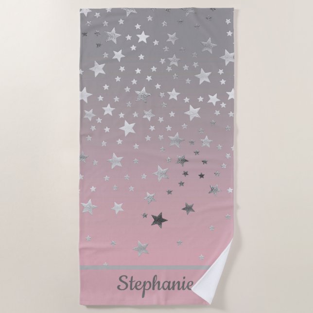 Rosa und graue Stars Ombre Stilvolle Chic Moderne Strandtuch (Vorderseite)