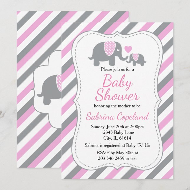 Rosa und graue Streifen | Babydusche Einladung (Vorne/Hinten)