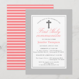 Rosa und graue Streifen Erstkommunion Einladung