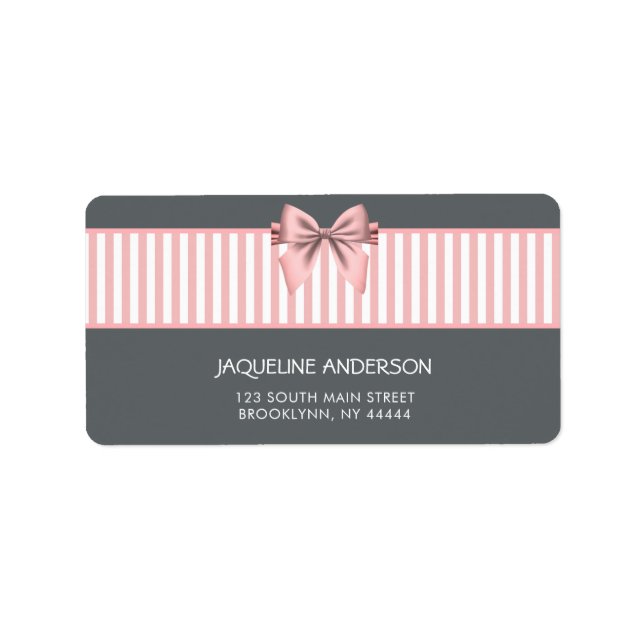 Rosa und graue Stripte Bow Babydusche Adressaufkleber (Vorne)