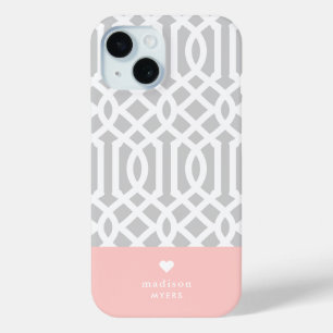 Rosa und graue Trellis Herzmonogramm Case-Mate iPhone Hülle
