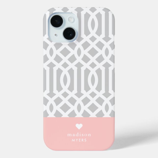Rosa und graue Trellis Herzmonogramm Case-Mate iPhone Hülle (Rückseite)