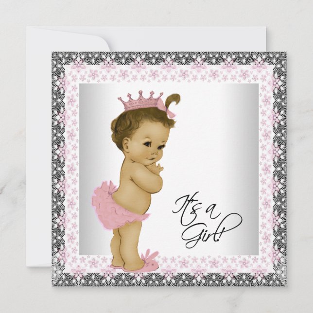 Rosa und graue Vintage Kindermädchendusche Einladung (Vorderseite)