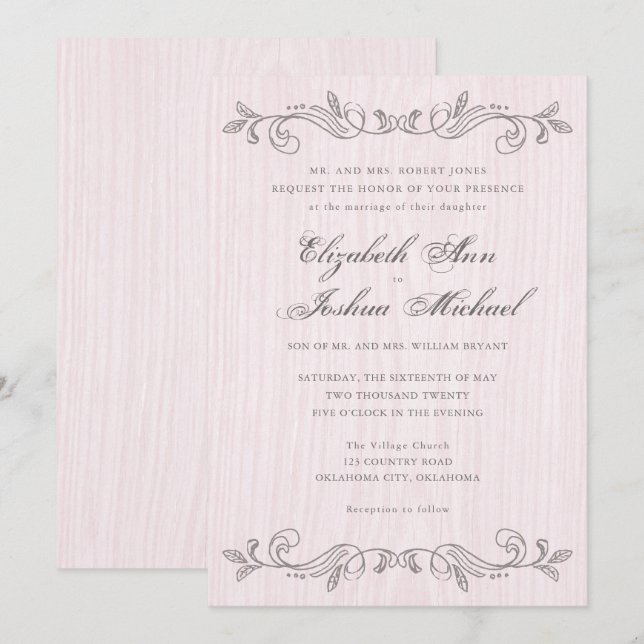 Rosa und graue Vintage Schnörkel Hochzeit Einladung (Vorne/Hinten)